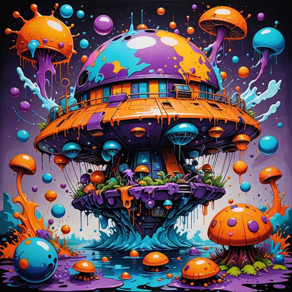 Surreal Floating Island with Flying Fish in Graffiti Art