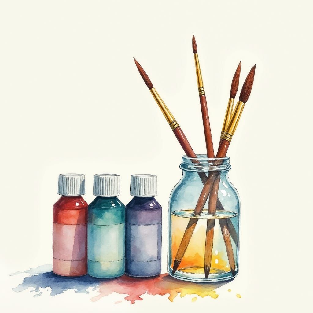Watercolor Paint Set with Brushes in Water