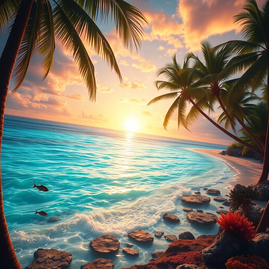 Tropical Beach Sunset with Turquoise Waters
