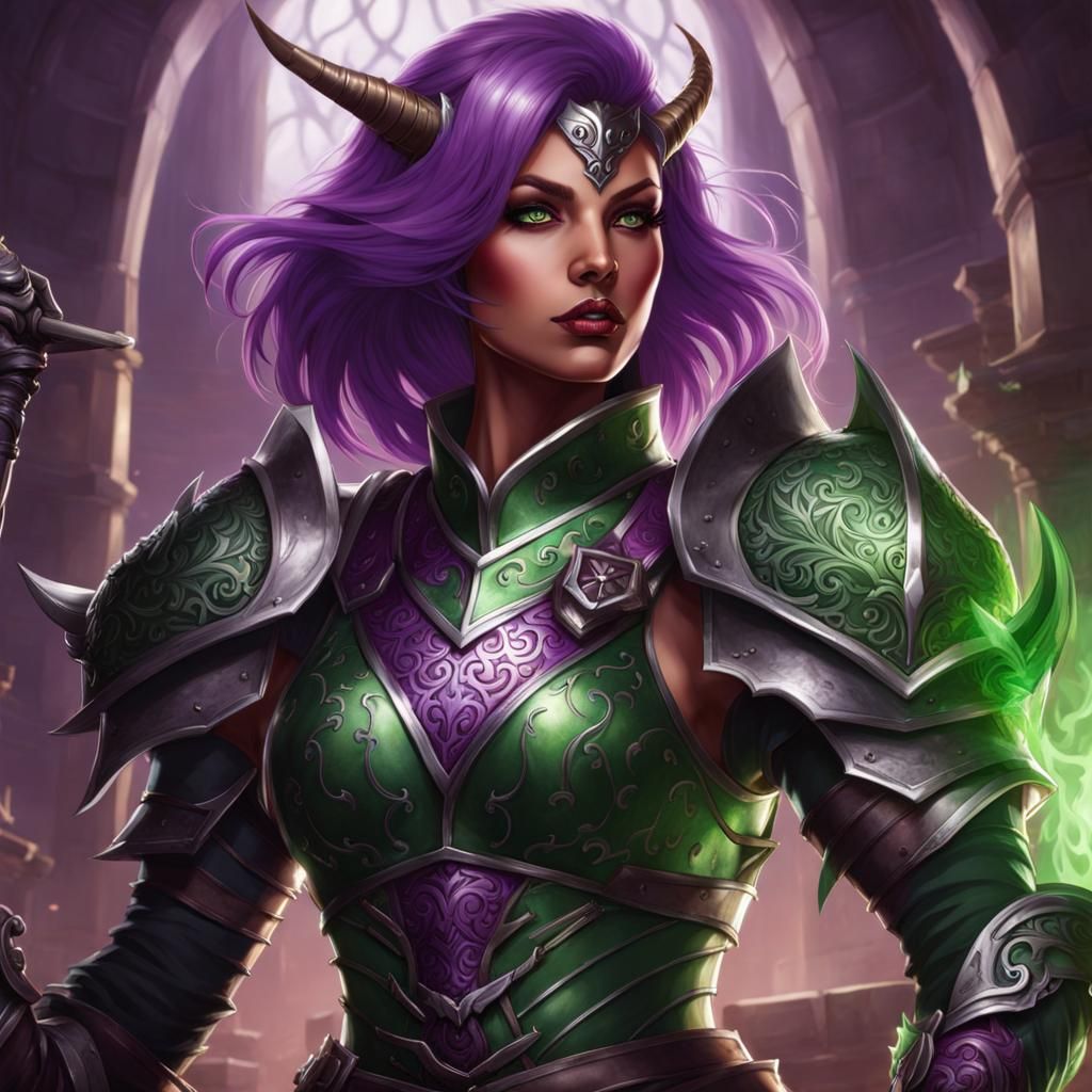 Purple-Haired Deepling Warrior in Silver Plate Armor