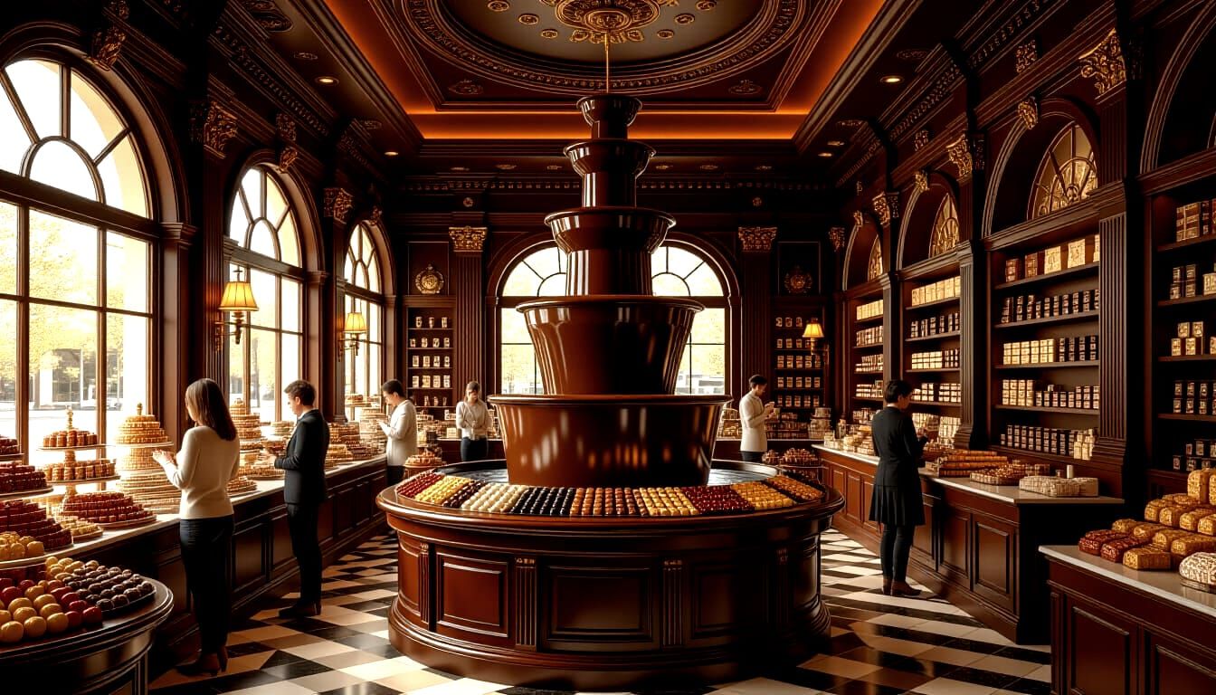 Photorealistic Chocolate Store with Grand Chocolate Fountain
