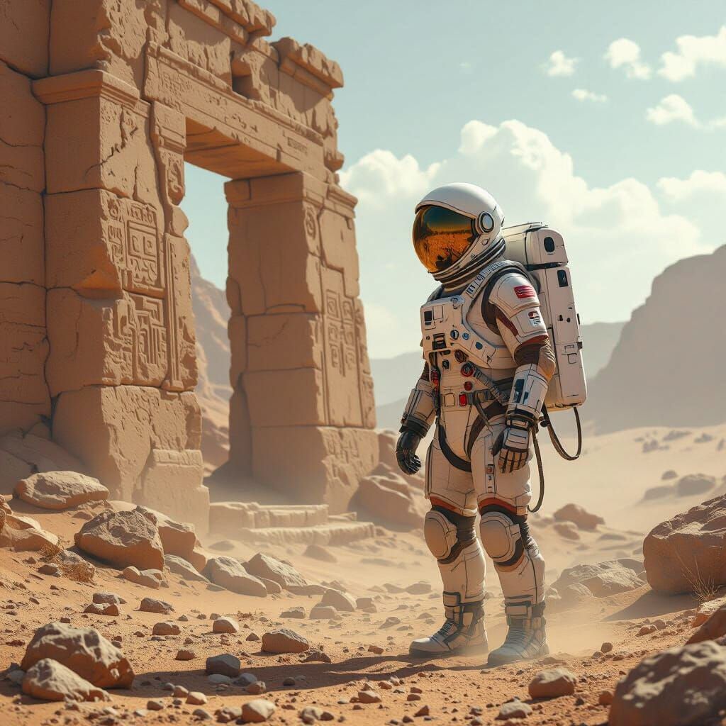 Astronaut Explores Ancient Ruins in Retro-Futuristic Style