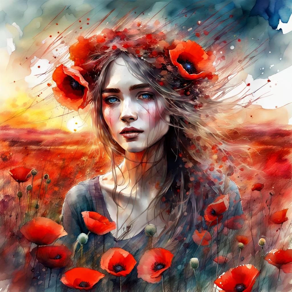 Woman in Poppies Field: Watercolor Fantasy
