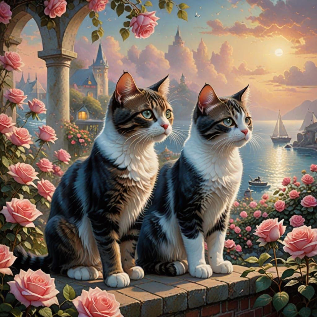 Fantasy Cats in Rose Garden Overlooking Sea