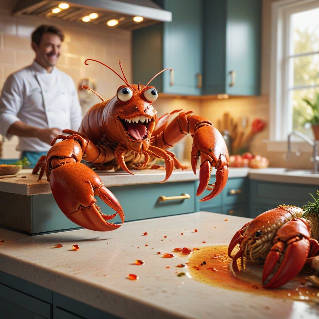 Smiling Lobster and Dazed Chef in Cartoon Style