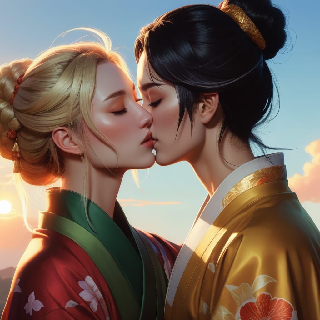 Anime-Style Lesbian Kiss in a Sunset Scene