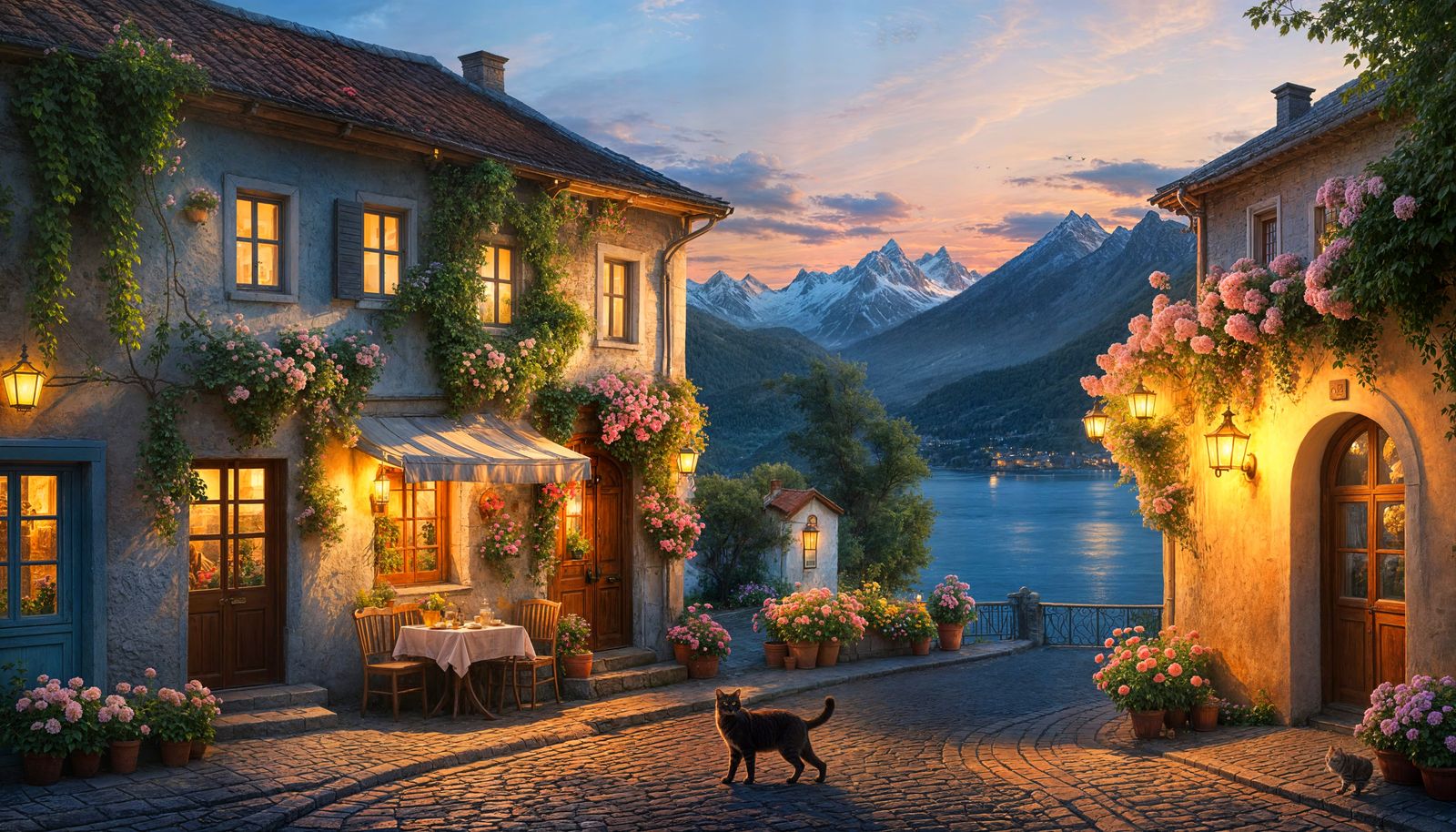 Russian Cobbled Street Matt Painting with Mountain Sea View