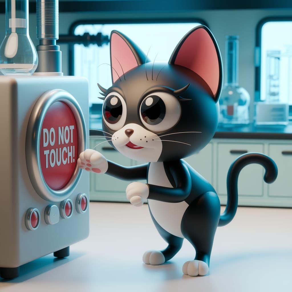 Whimsical Cartoon Cat Hesitates Before Laboratory Button