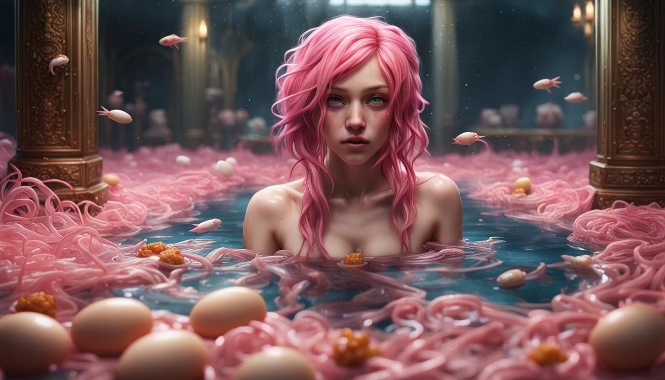 Queen Rhoda bathing in seafood ramen pool