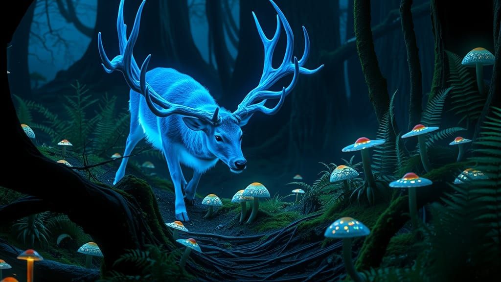 Fluorescent Deer in Bioluminescent Forest