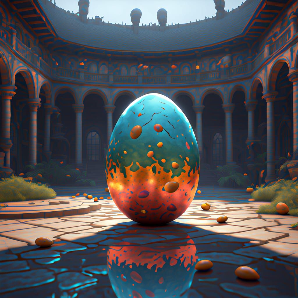 Whimsical Giant Egg Amidst a Murder of Crows in Vibrant Cand...