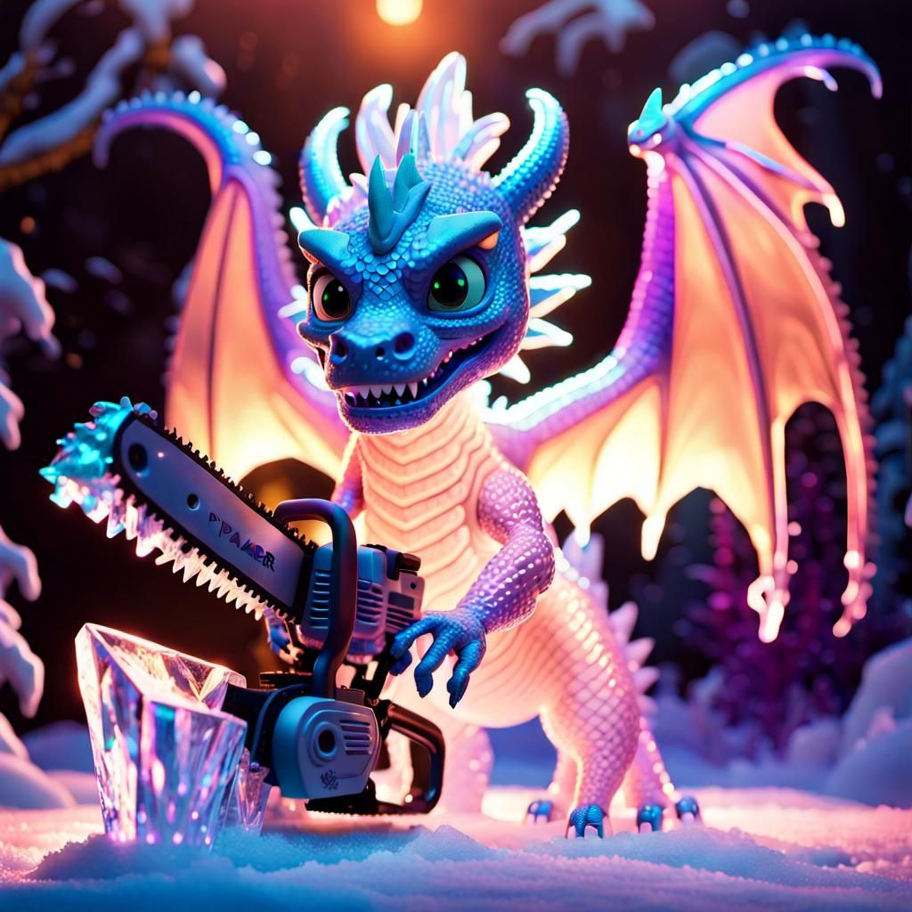 Child Sculpting Ice Dragon with Chainsaw: Pixar Art