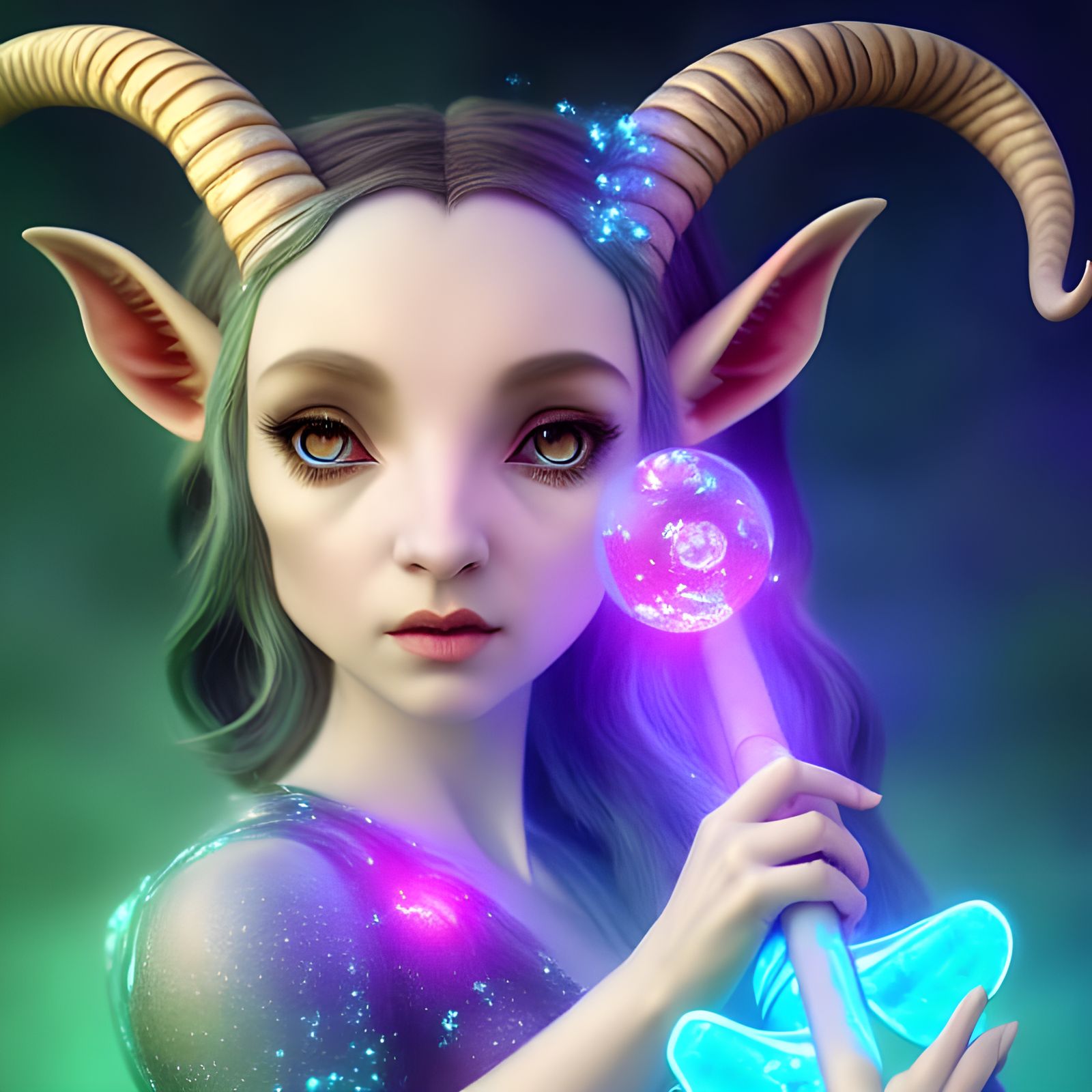 Chibi Satyr Bard with Crystal Flute in Art Nouveau Style