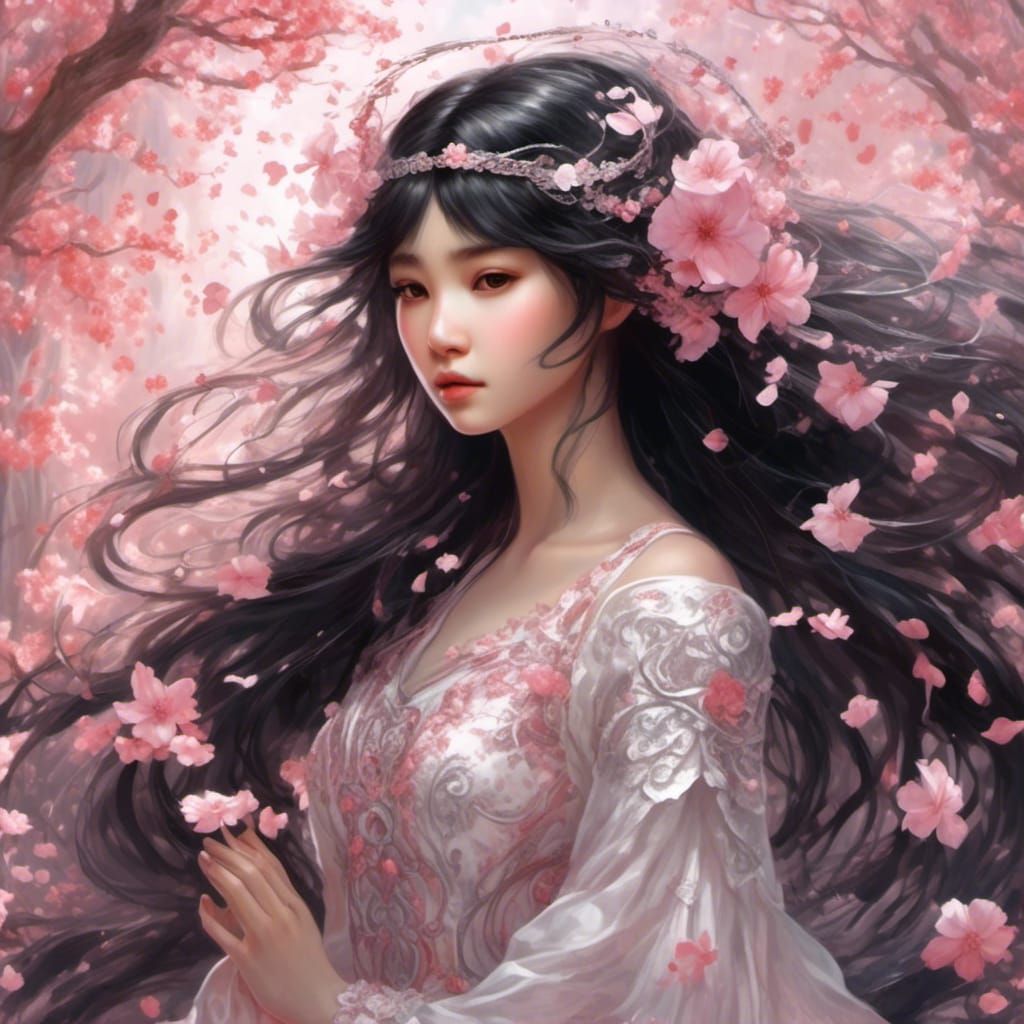 Anime Angel in Regal Floral Gown with Ethereal Glow