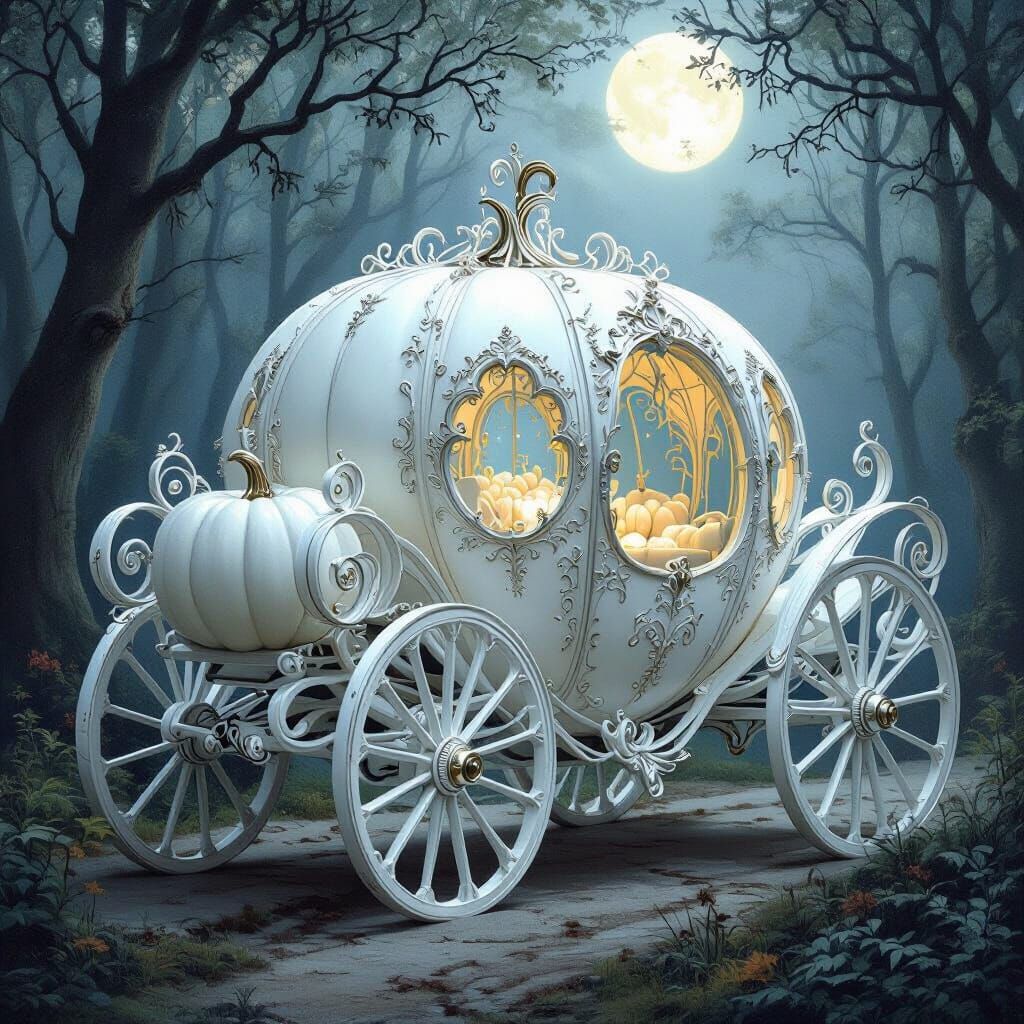 White Pumpkin Carriage in Moonlit Forest, Pre-Raphaelite Sty...