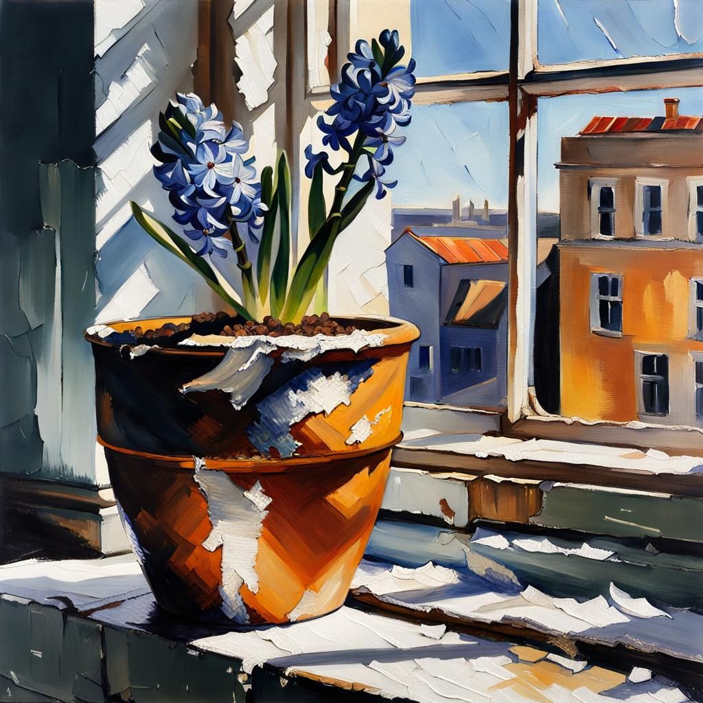 Blooming Hyacinth Oil Painting in Flower Pot