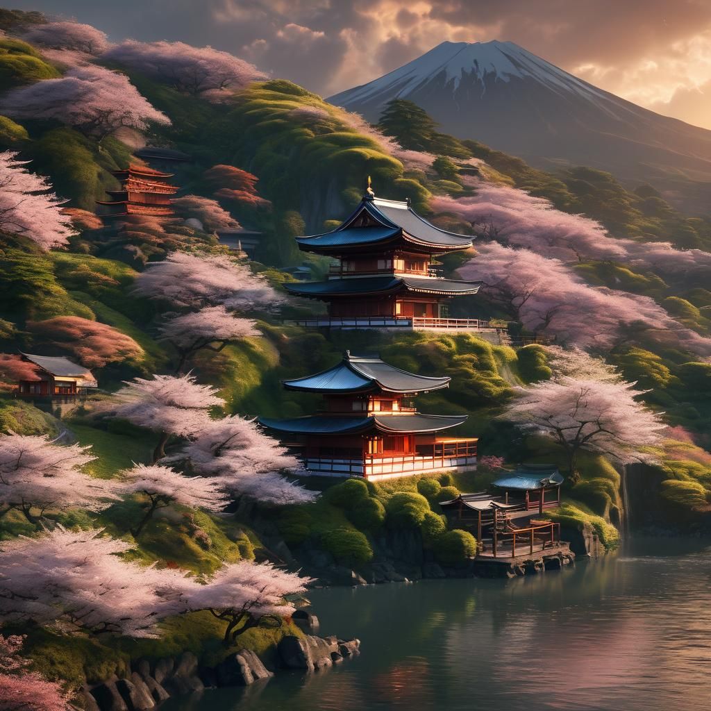 Cinematic Cherry Blossom Temple Amidst Majestic Mt. Fuji