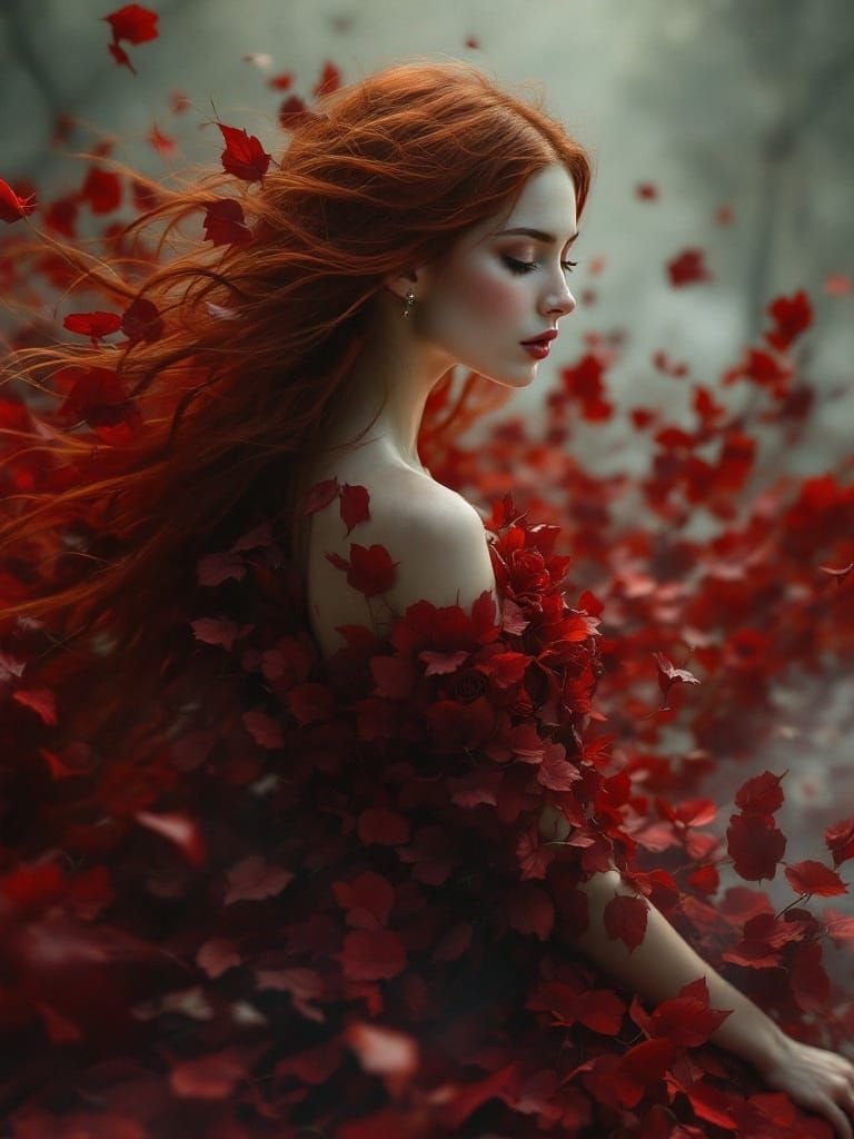 Ethereal Red Rose Goddess in Crimson Gown