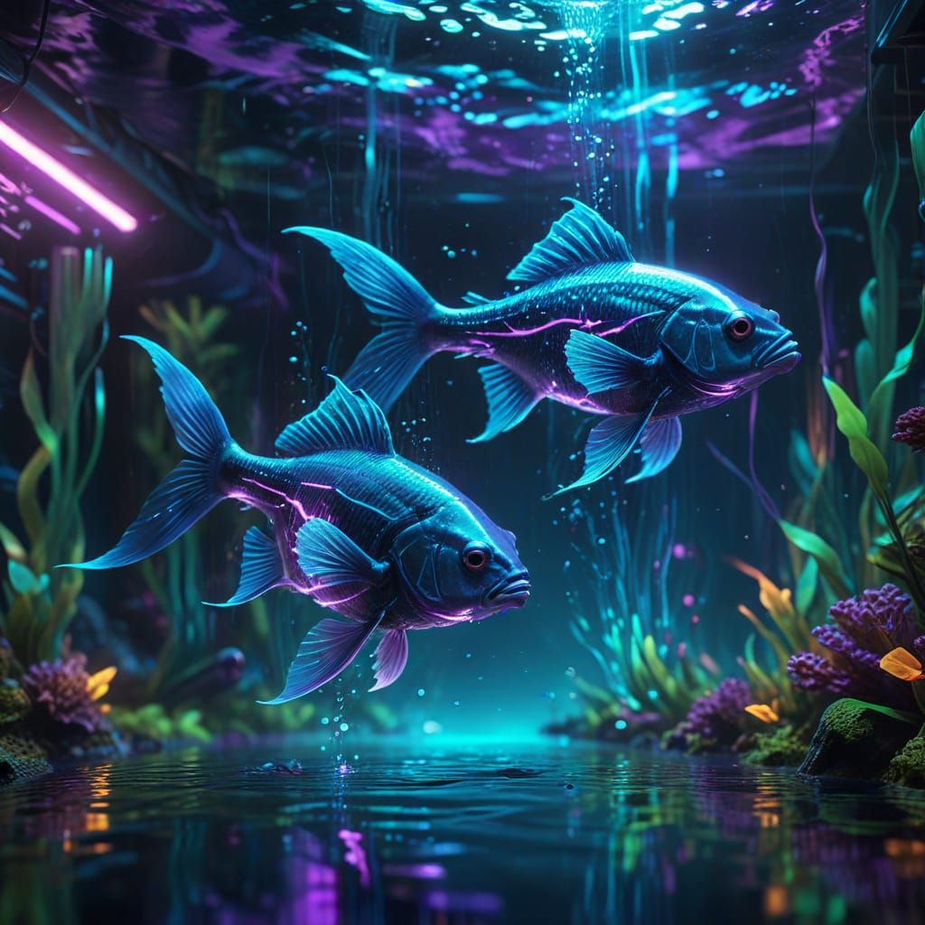 Electric Blue Neon Fish Racing in Futuristic Underwater Worl...