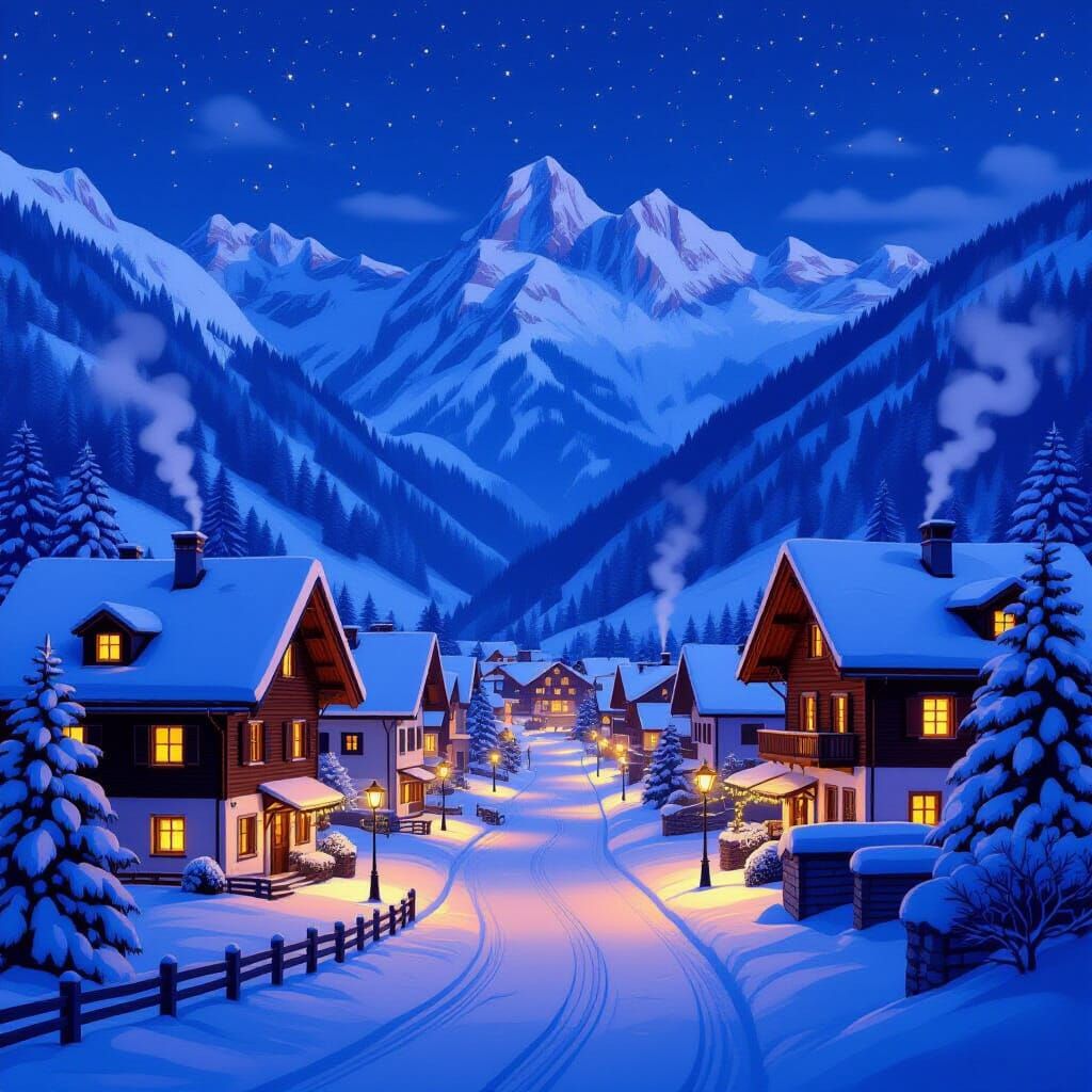 Cozy Swiss Village in Snowy Alpine Valley at Dusk