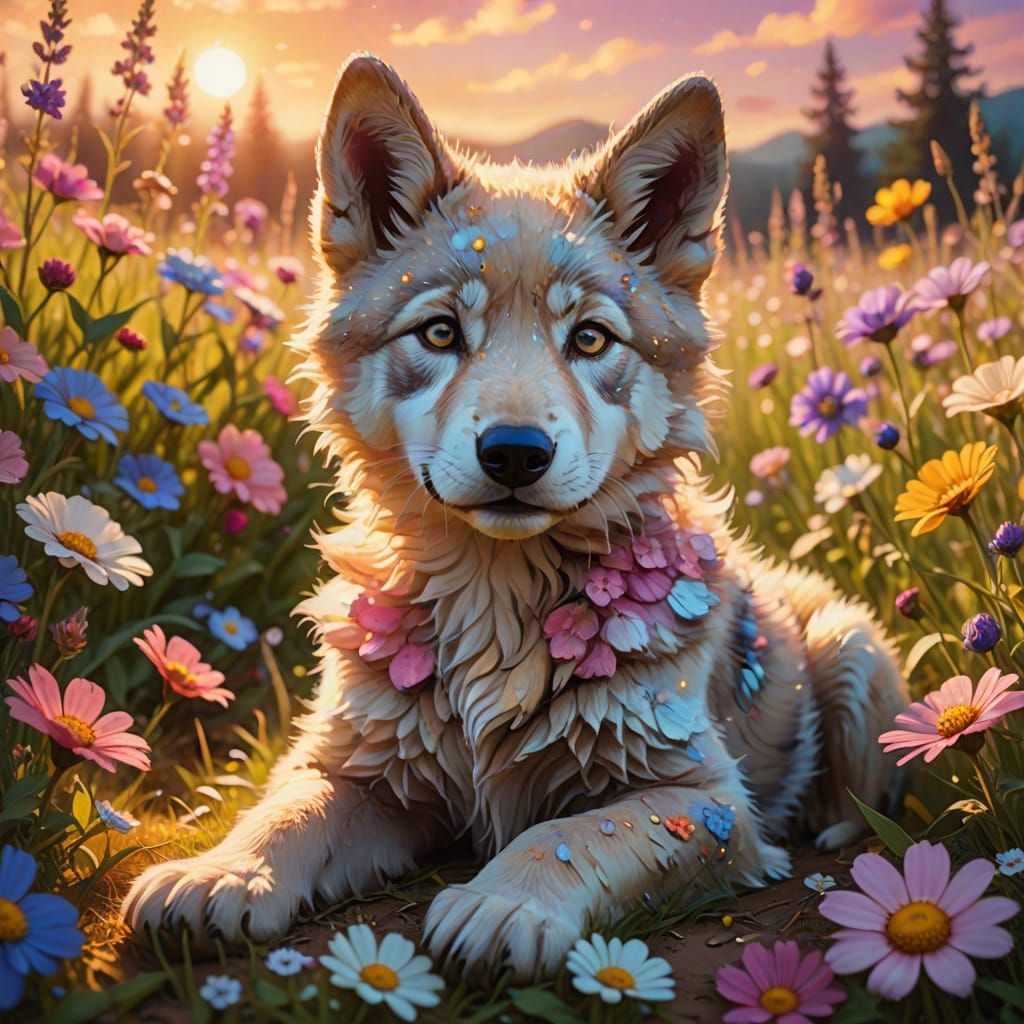 Mystical Wolf Pup in Flower Field: Vibrant Oil Painting