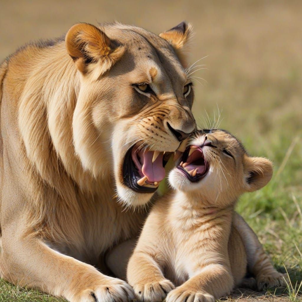 Motherly Lioness Licks Her Adorable Cub
