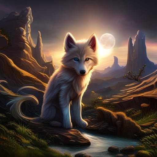 Fantastical Wolf Cross Kitten in Detailed Matte Painting
