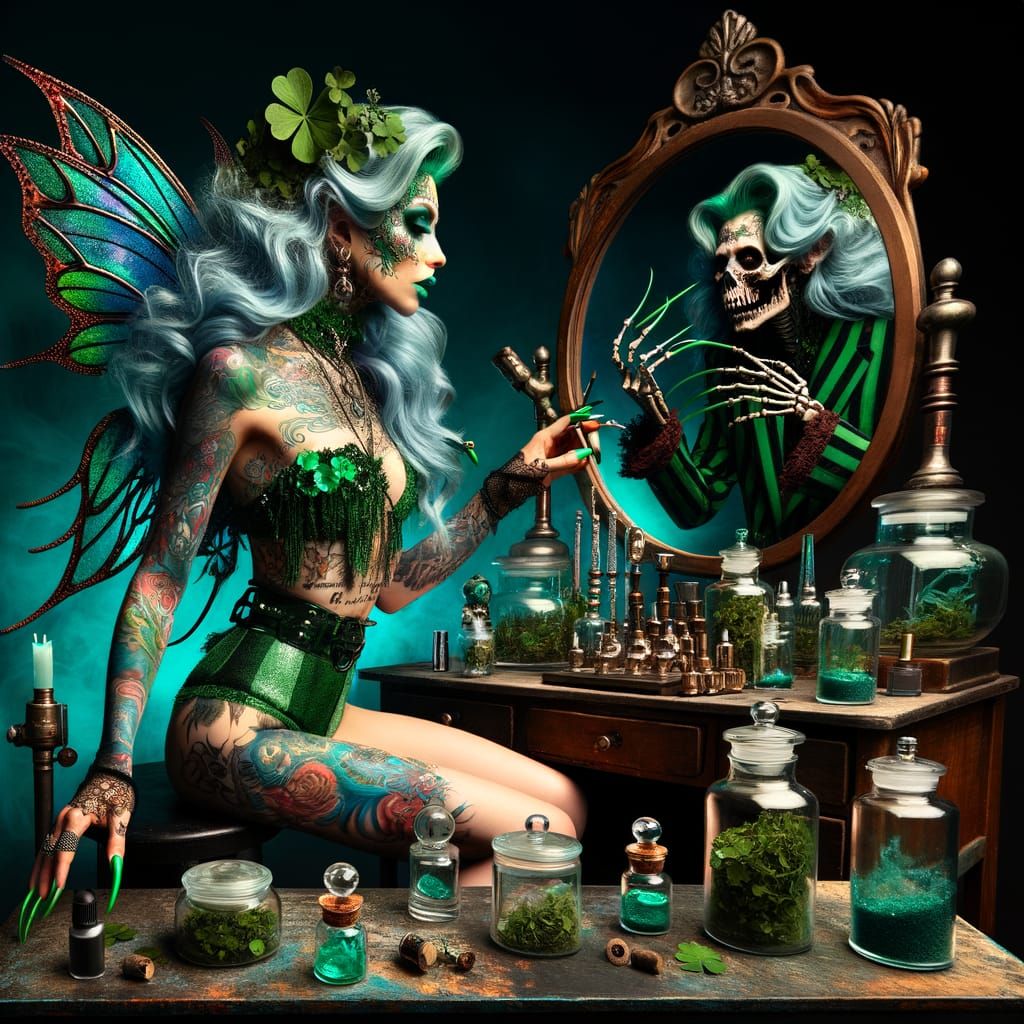 Gothic Fairy at Vanity with Zombie Reflection