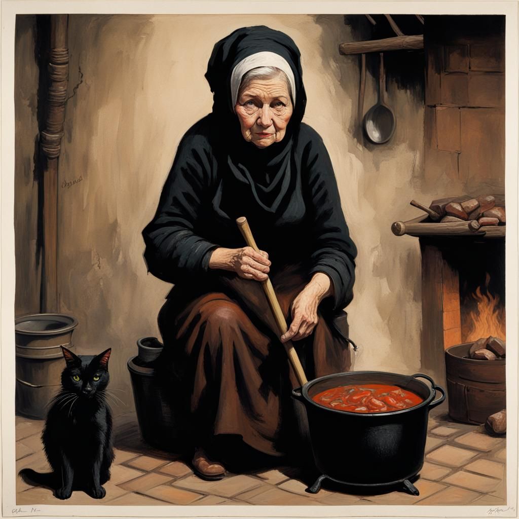 Sinister Old Woman Stirring Cauldron of Stew