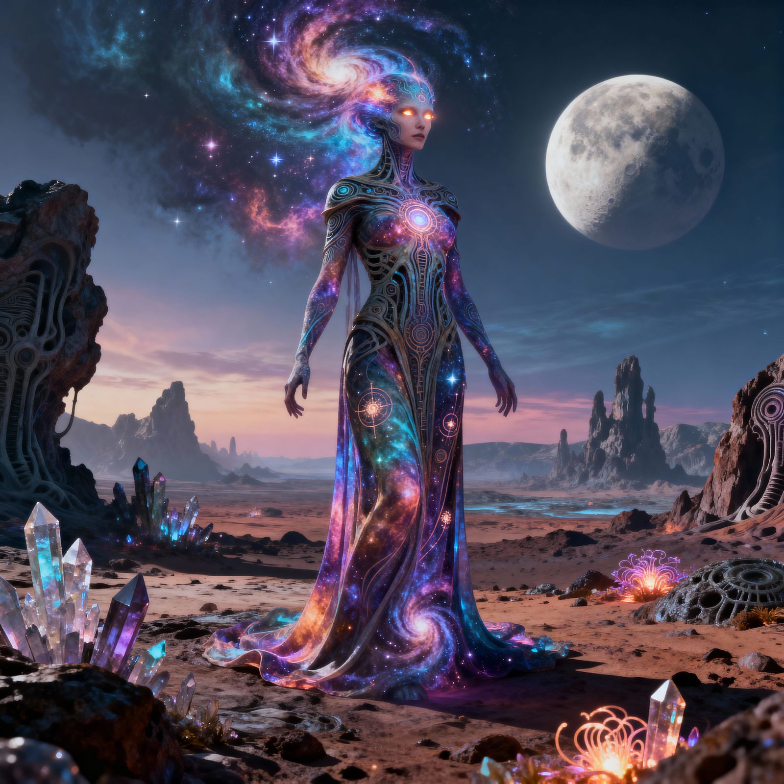 Cosmic Sorceress on Alien Planet with Twin Moons