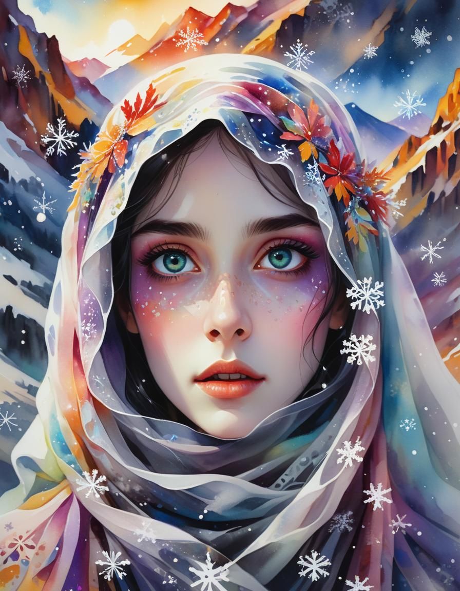 Gothic Woman in Snowy Landscape: Oil Painting