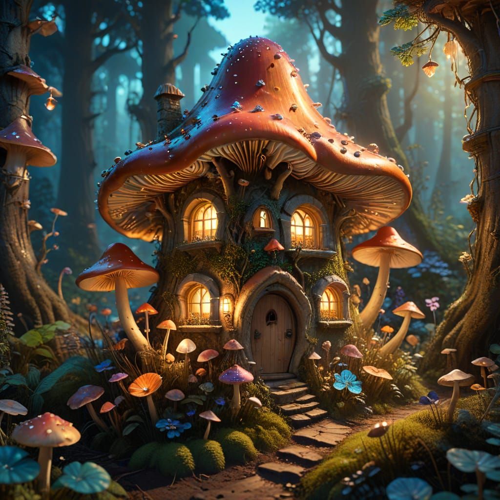 Ethereal Bioluminescent Fairy Mushroom House in a Dreamy Ren...