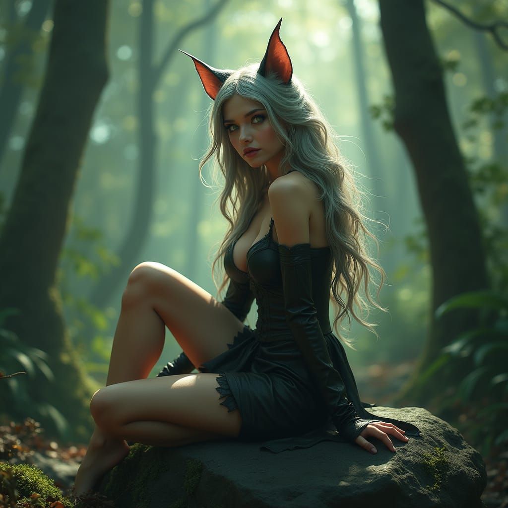Mystical Cat-Eared Woman in Ethereal Forest