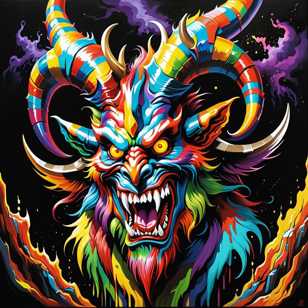 Colorful Horned Monster Painting in Psychedelic Style