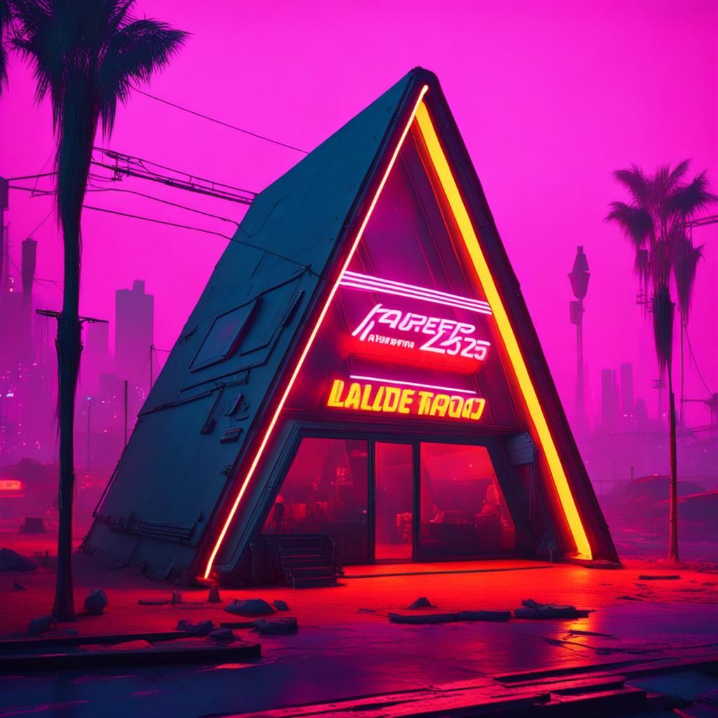Cyberpunk A-Frame Building in Neon Cityscape