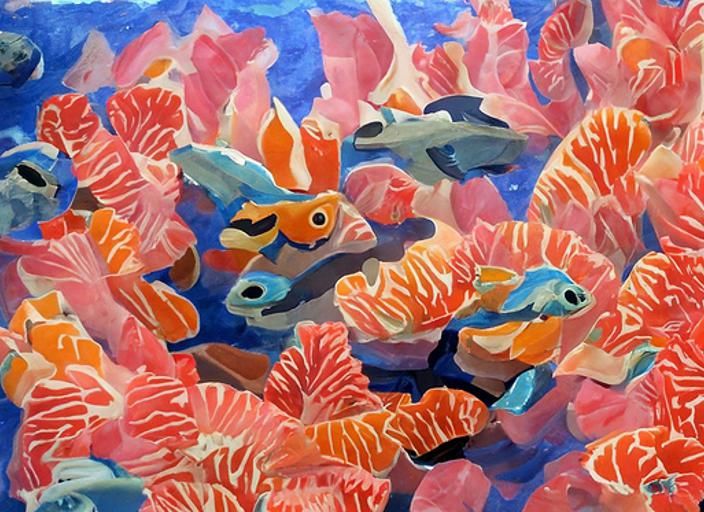Fish Swimming in Coral Reef Gouache Style