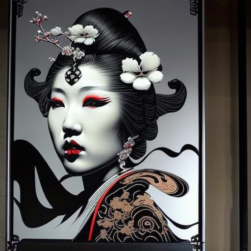 Geisha Portrait in Black Ink Flow