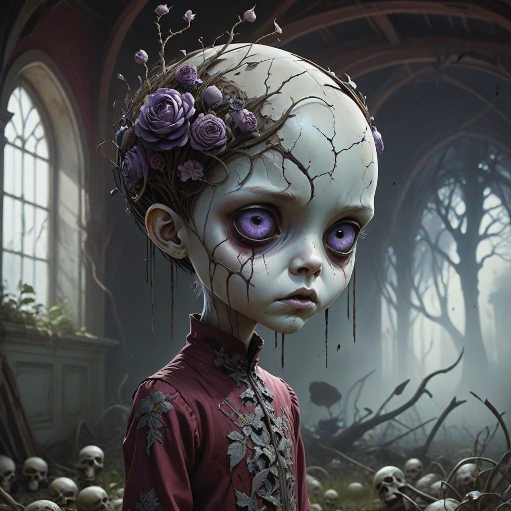 Ominous Child in Decaying Garden with Distorted Reality