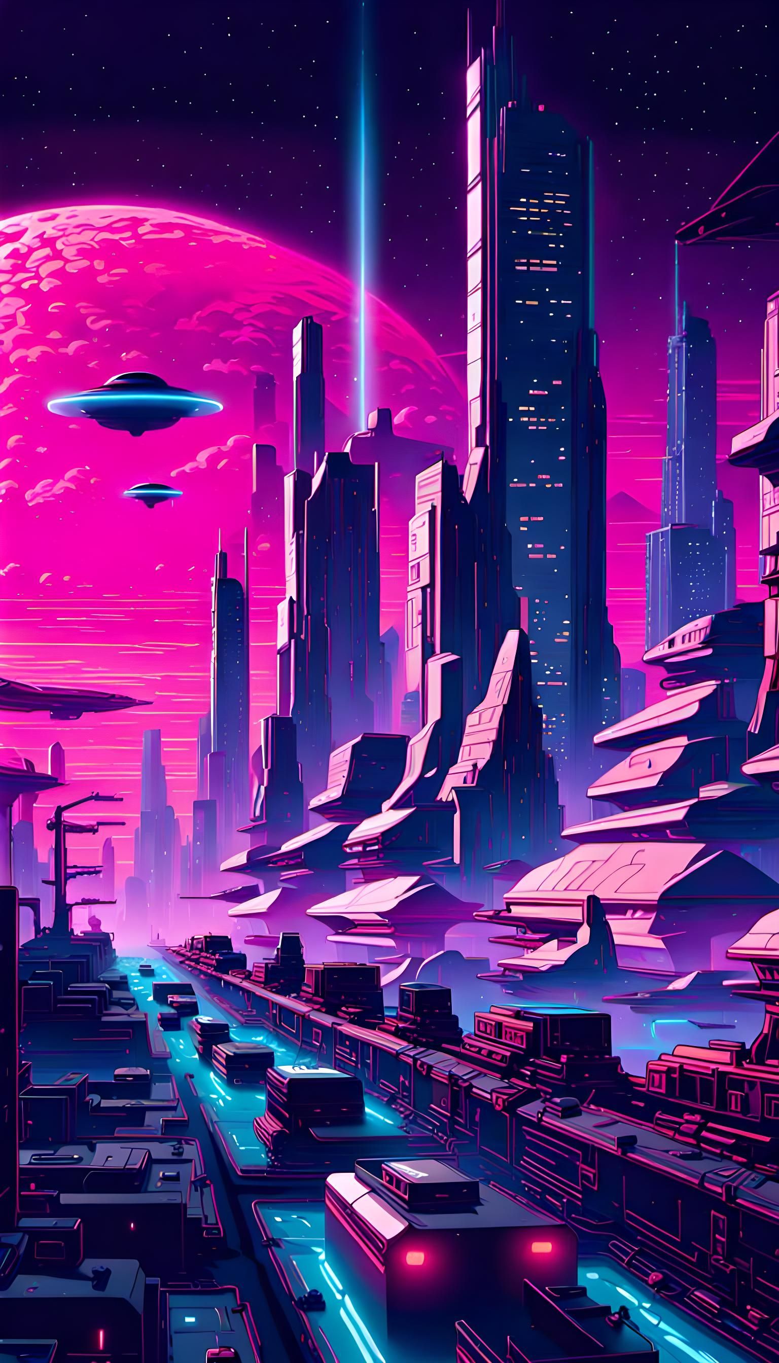 Futuristic Cityscape with Intergalactic Freight Ships in Syn...