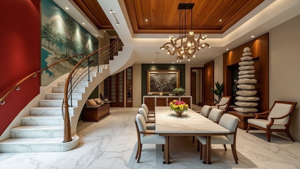 Opulent Interior with Marble Staircase and Sculpture