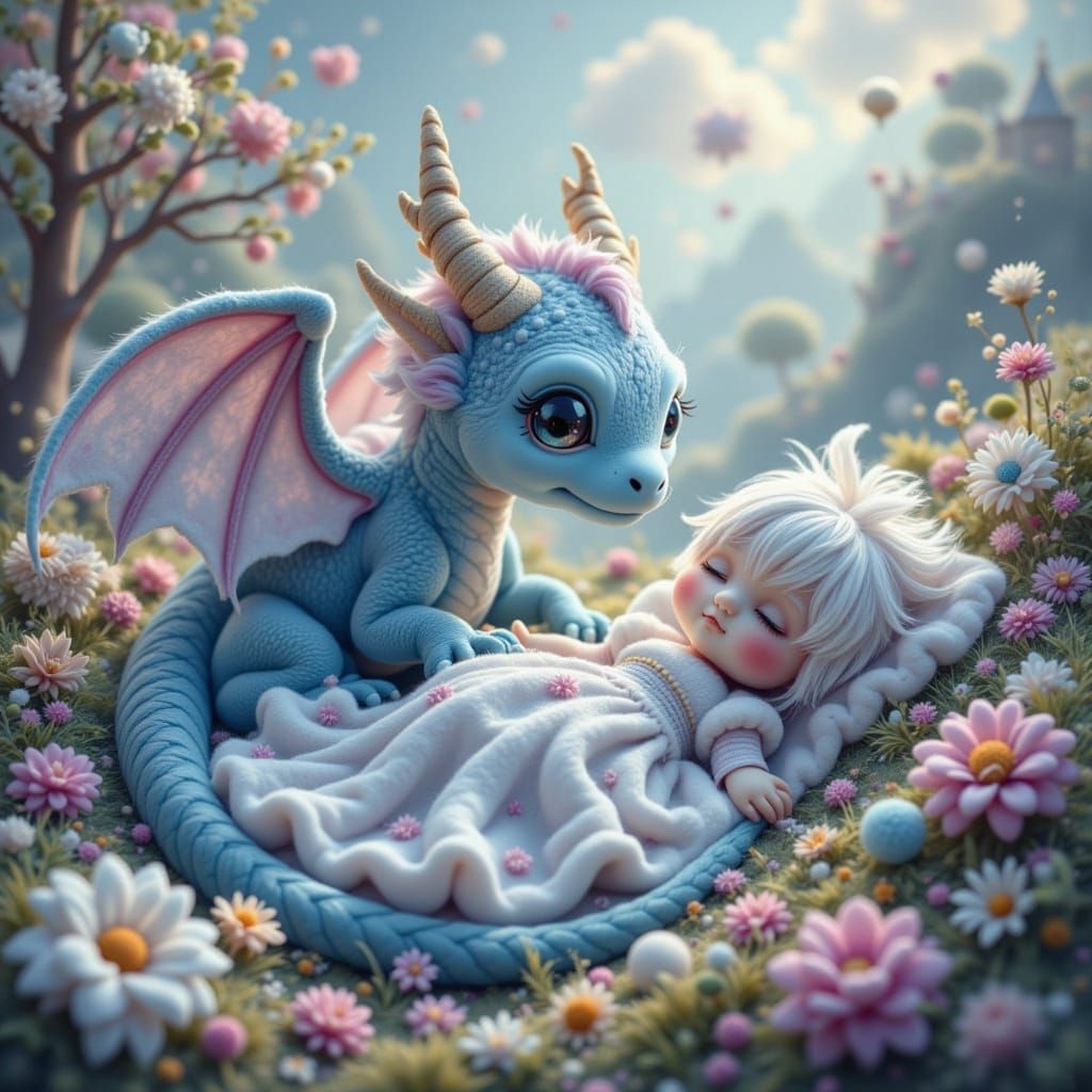 Blue Dragon Hugs Sleeping Beauty in Vibrant Digital Art