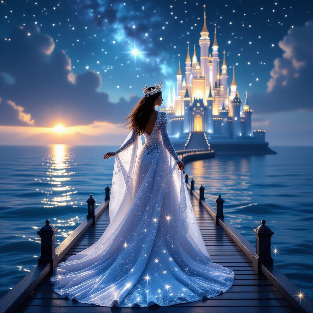 Majestic Queen on Celestial Pier in Cosmic Ocean