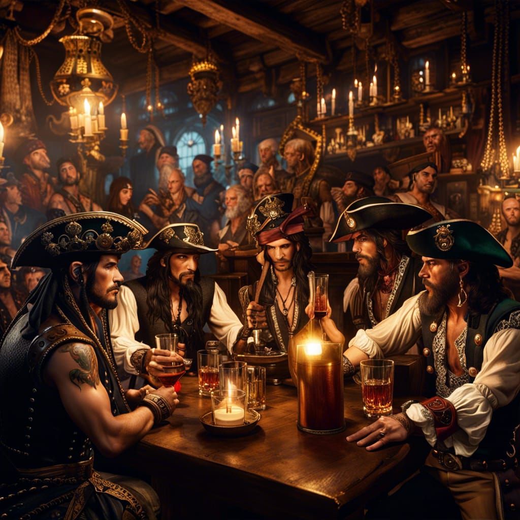 Oceanpunk Pirates Drinking Rum in Candlelight