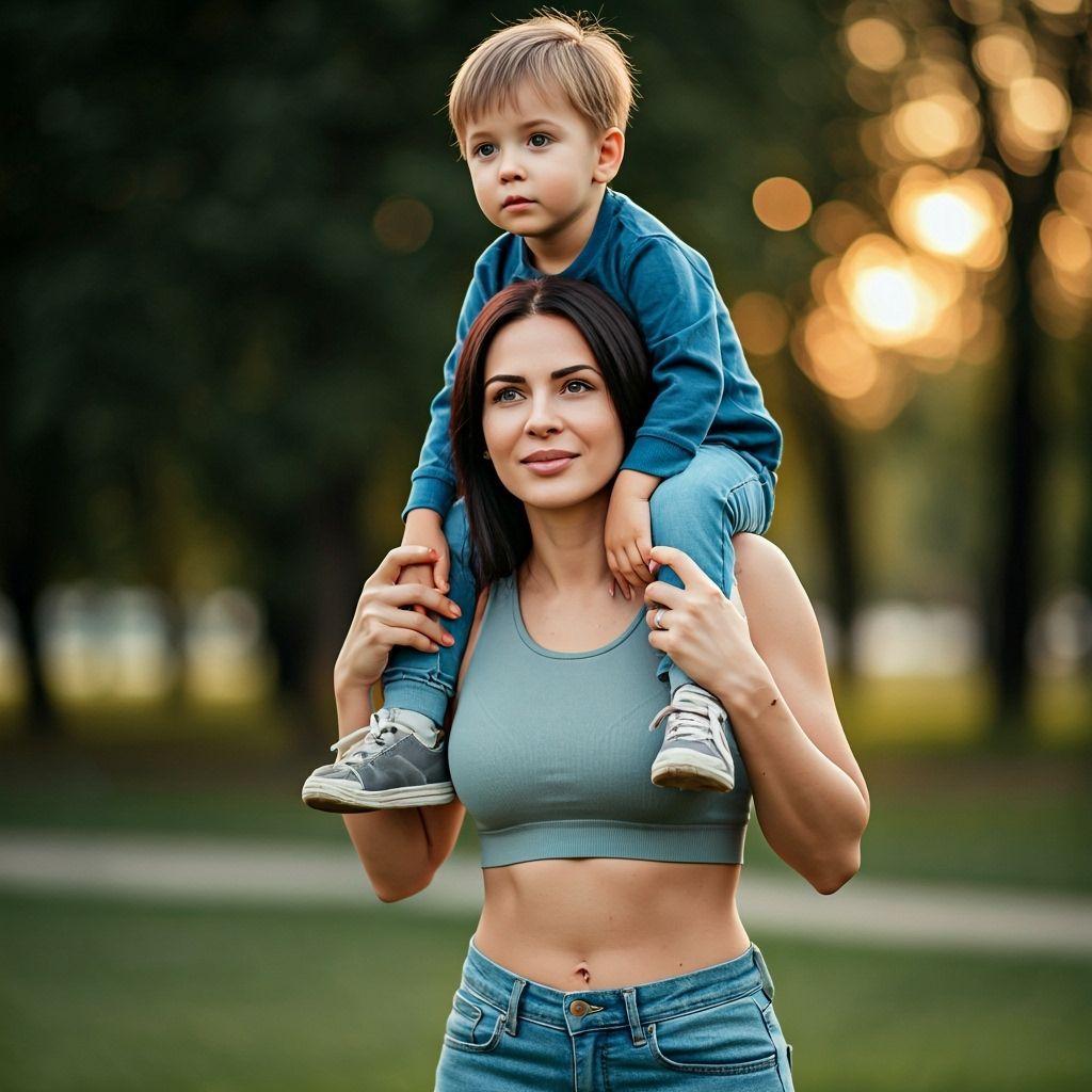 Mother Carrying Son in Golden Hour Park Light