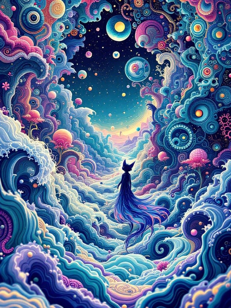 Whimsical Quantum Dreamscape with Fantastical Creature