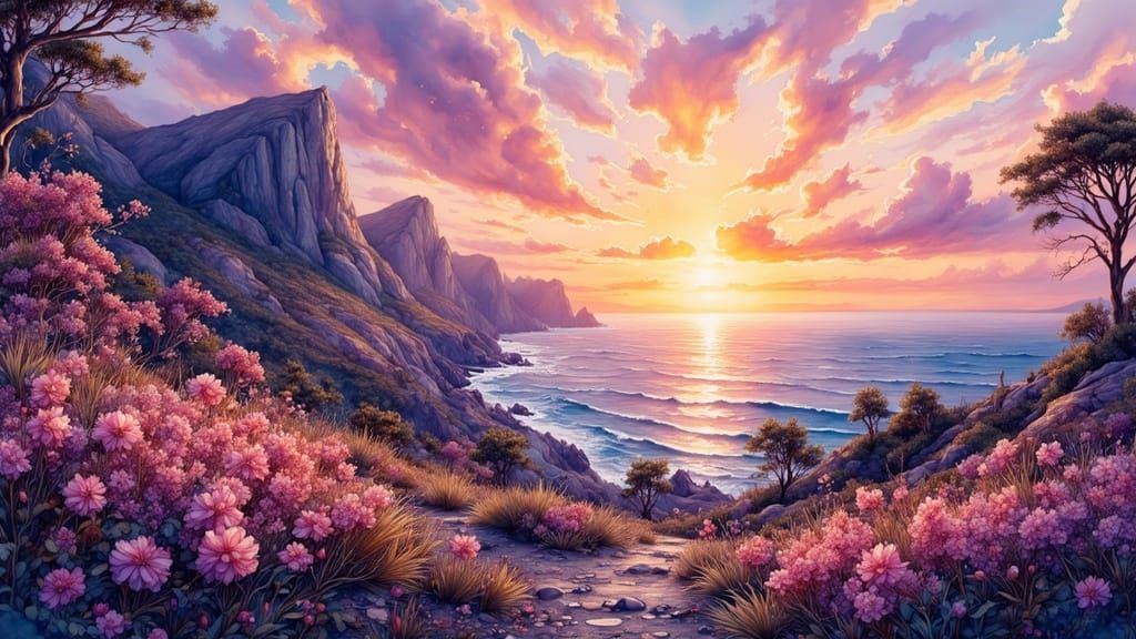 Sunrise Mountainscape with Blooming Bushland and Ocean