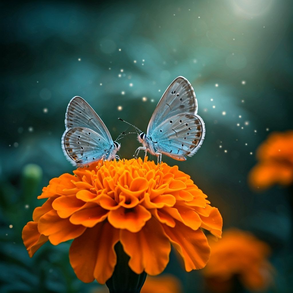 Tiny Blue Butterflies on Neon Marigold in Morning Sun