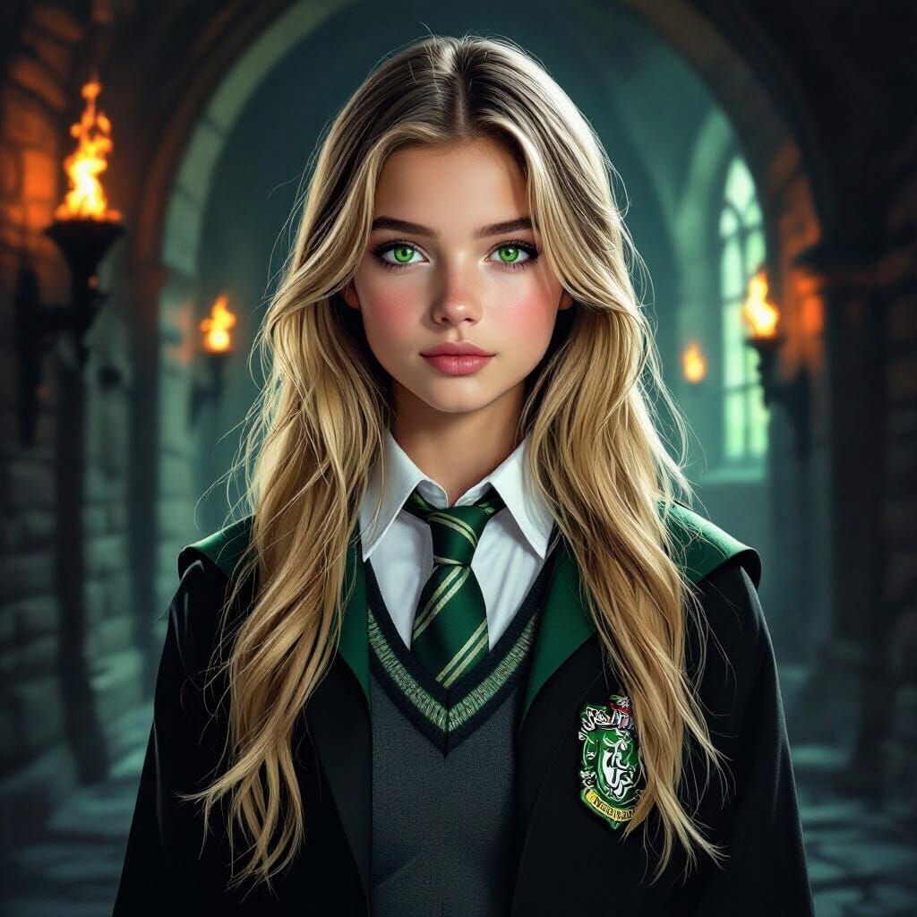 Slytherin Student in Gothic Hogwarts Corridor
