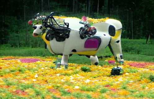 Motorized Cow in a Flower Field