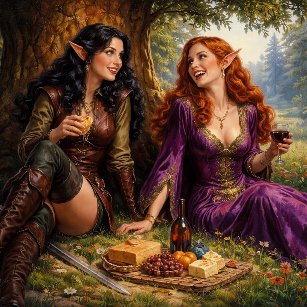 Elf Warrior and Noblewoman in Magical Forest Glade Oil Paint...